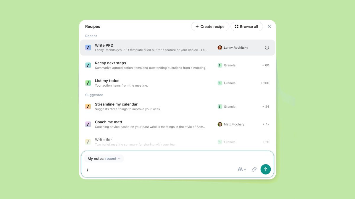 خلاصه‌سازی هوشمند جلسات با دستورهای آماده در اپ Granola